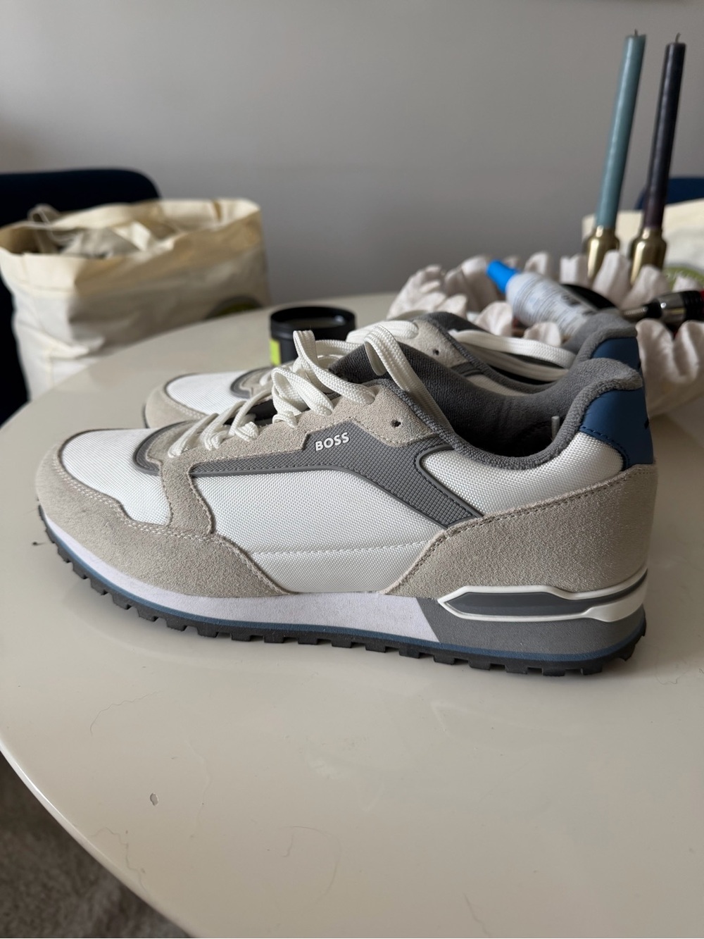 BOSS Men's White, Light Gray & Blue Retro Runner Sneakers